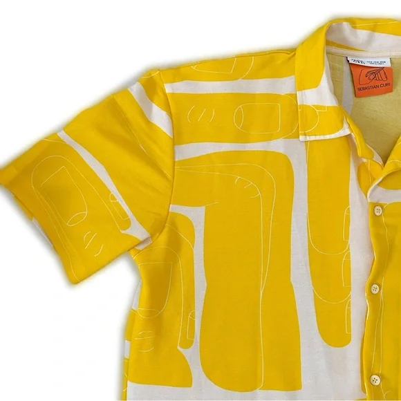 Zara Limited Run Sebastian Curi Yellow Graphic Button Down Casual Polo Shirt M - Picture 4 of 5